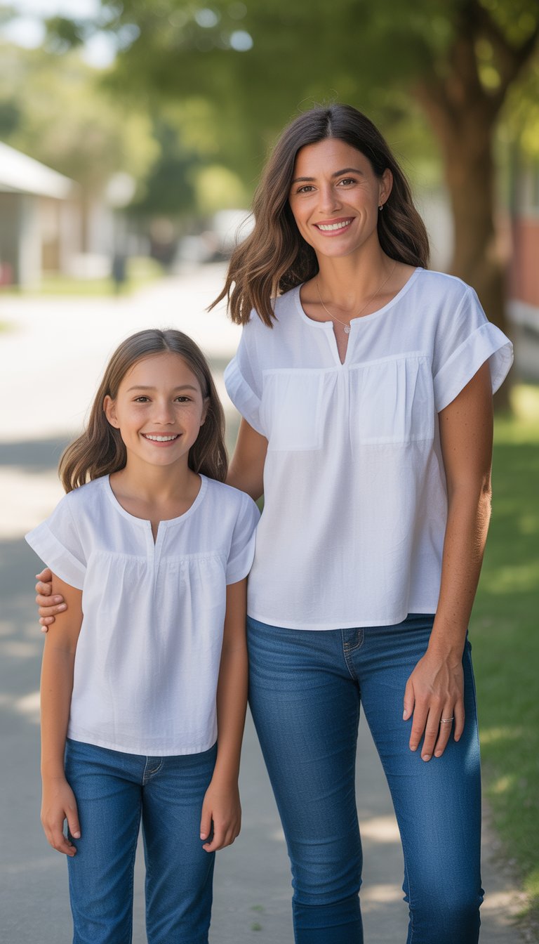 A mother and daughter standing side by side outdoors, both wearing white tops and blue jeans, smiling naturally.