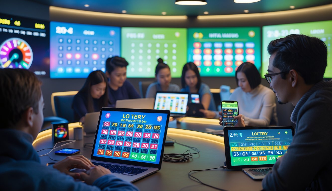 Orang-orang menggunakan perangkat elektronik untuk bermain togel online di ruangan modern yang nyaman.