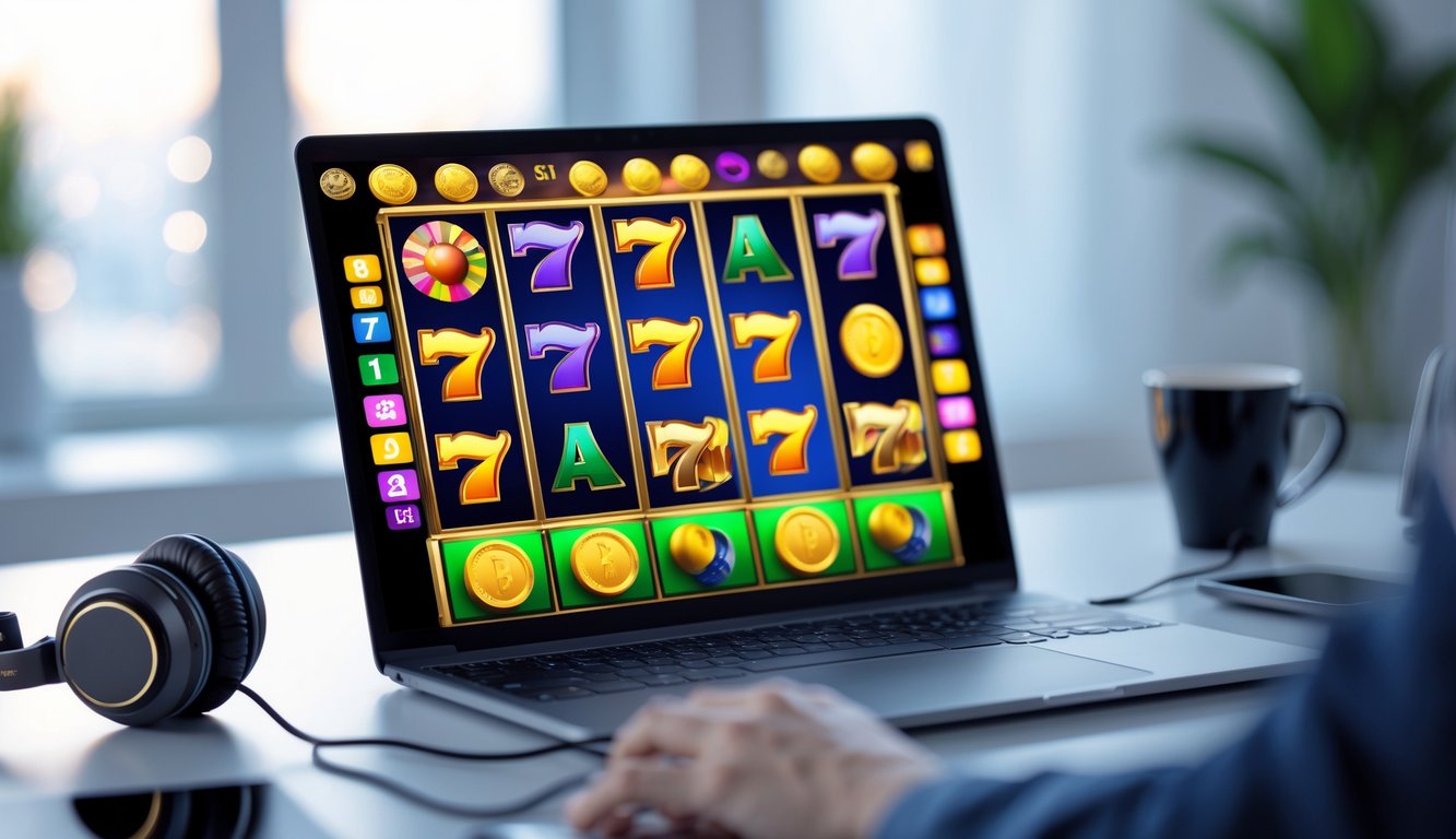 Seorang pengguna sedang bermain mesin slot online di komputer dengan latar belakang ruang kerja yang rapi.