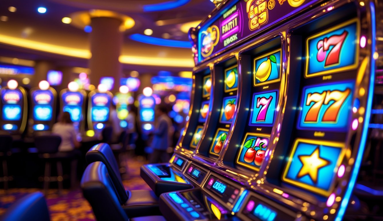 Mesin slot kasino modern yang sedang berputar dengan lampu berwarna-warni dan latar belakang kasino yang ramai.