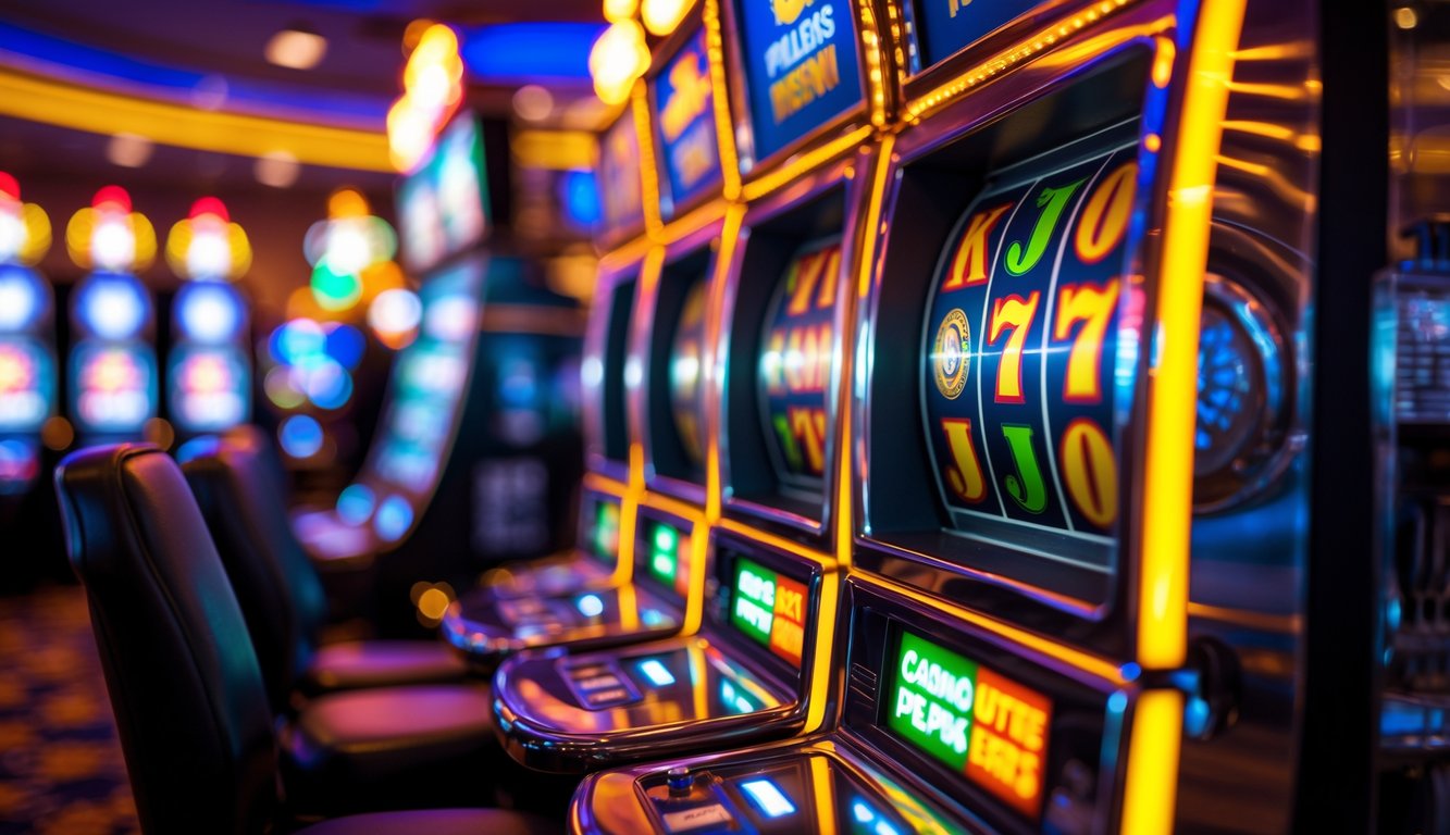 Mesin slot modern dengan lampu warna-warni dan latar belakang kasino yang ramai.