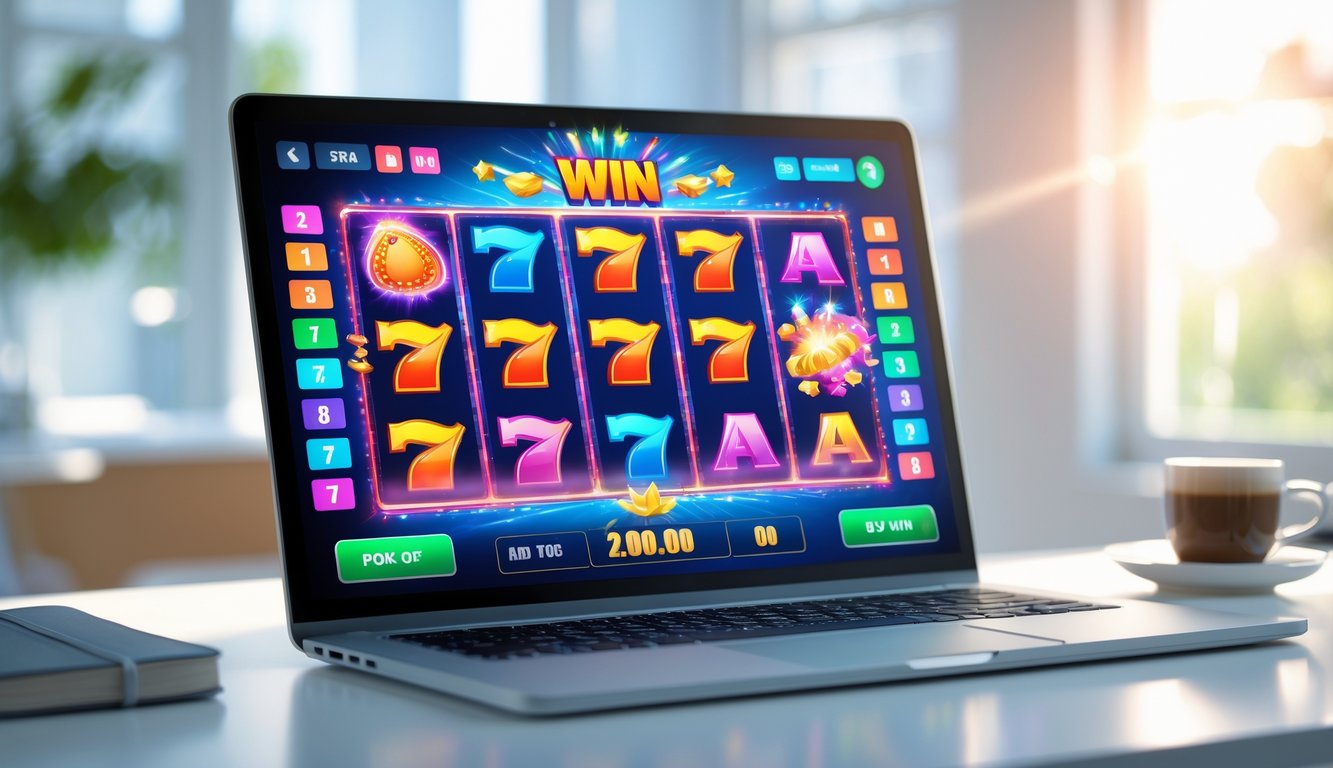Sebuah laptop menampilkan mesin slot online dengan simbol warna-warni di layar di atas meja kantor yang rapi.