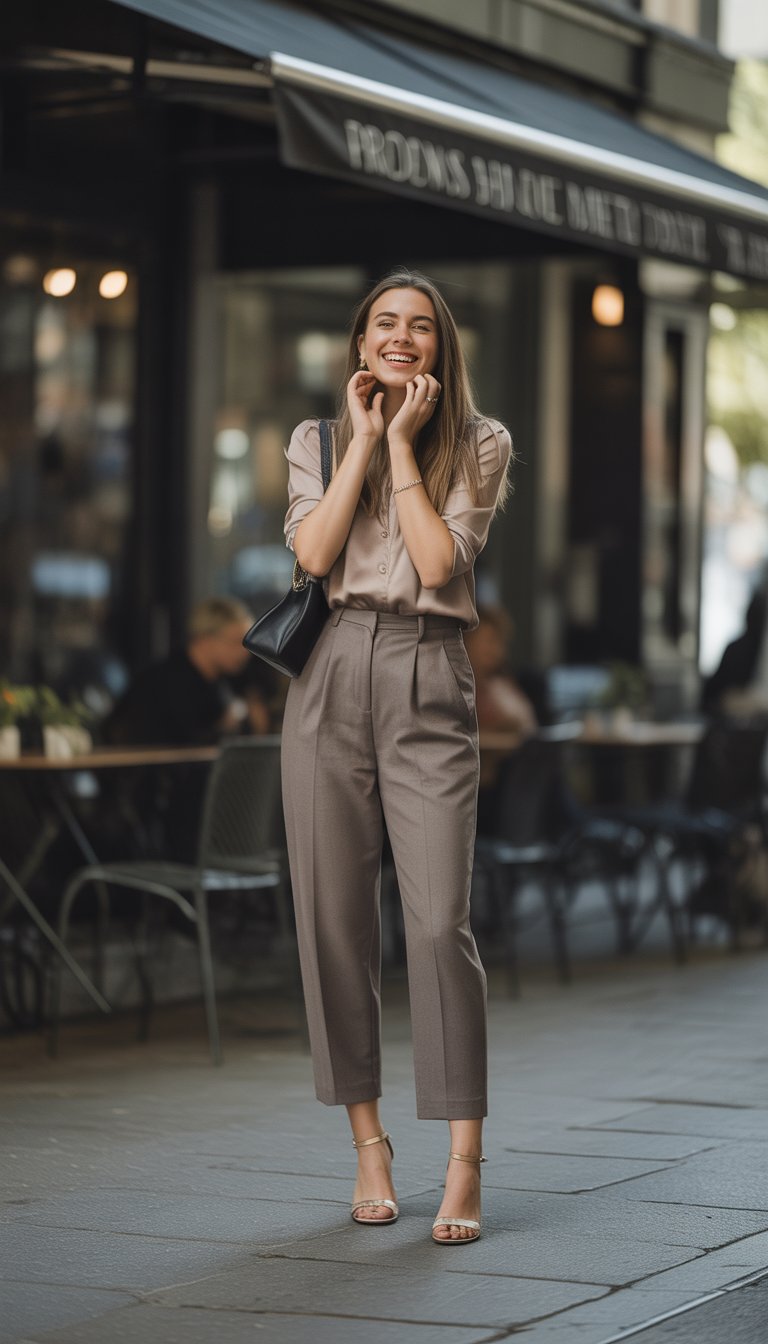 A young woman standing outdoors in a casual setting, smiling and wearing a stylish outfit.