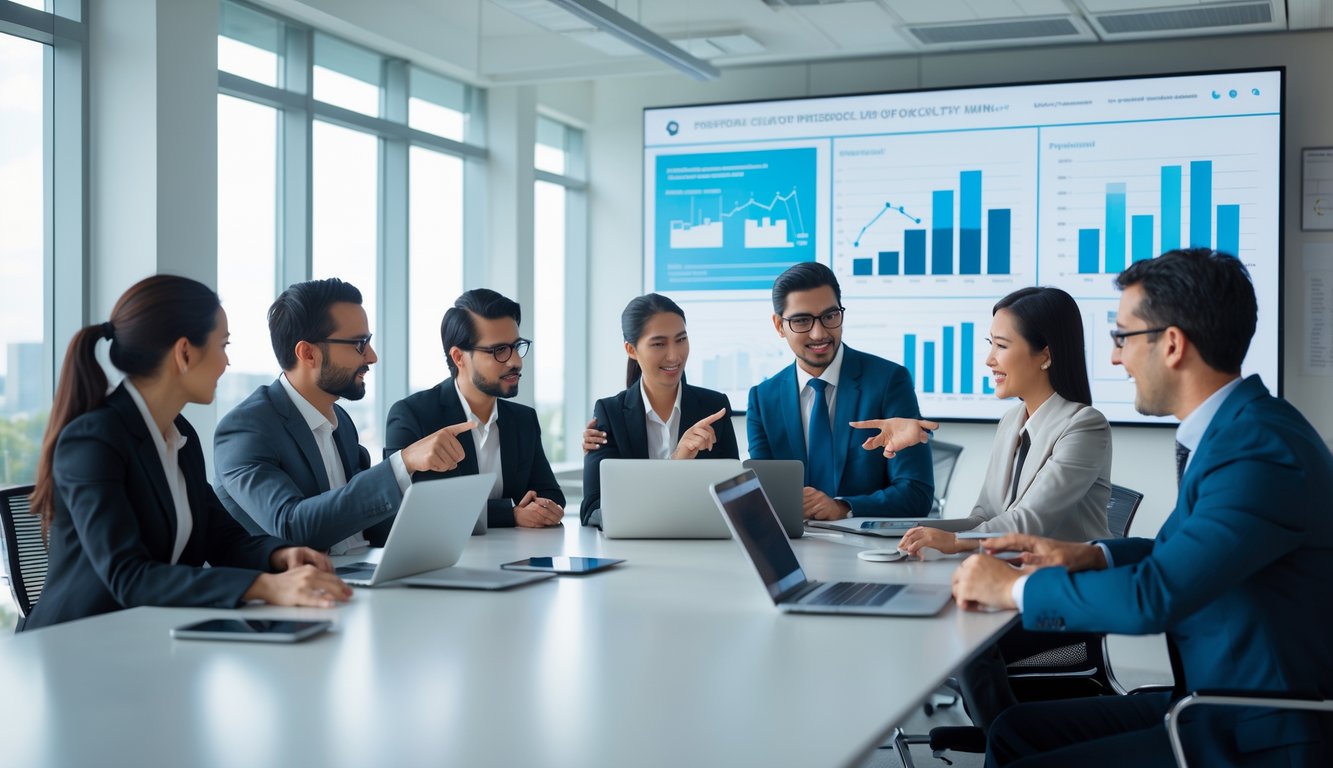 Sekelompok profesional bisnis sedang rapat di ruang kantor modern dengan meja konferensi dan layar besar menampilkan grafik.