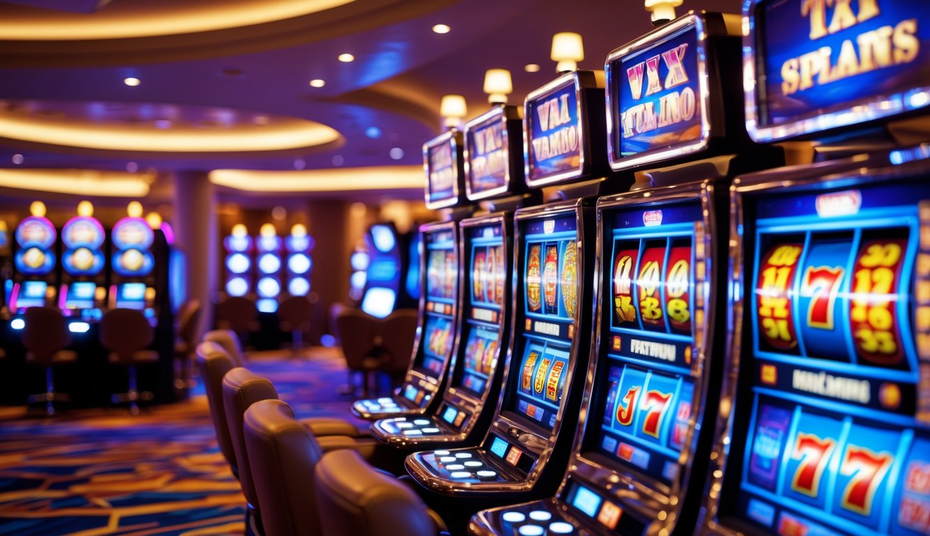 Area kasino dengan mesin slot modern yang menyala dan berwarna-warni tanpa orang di sekitar.