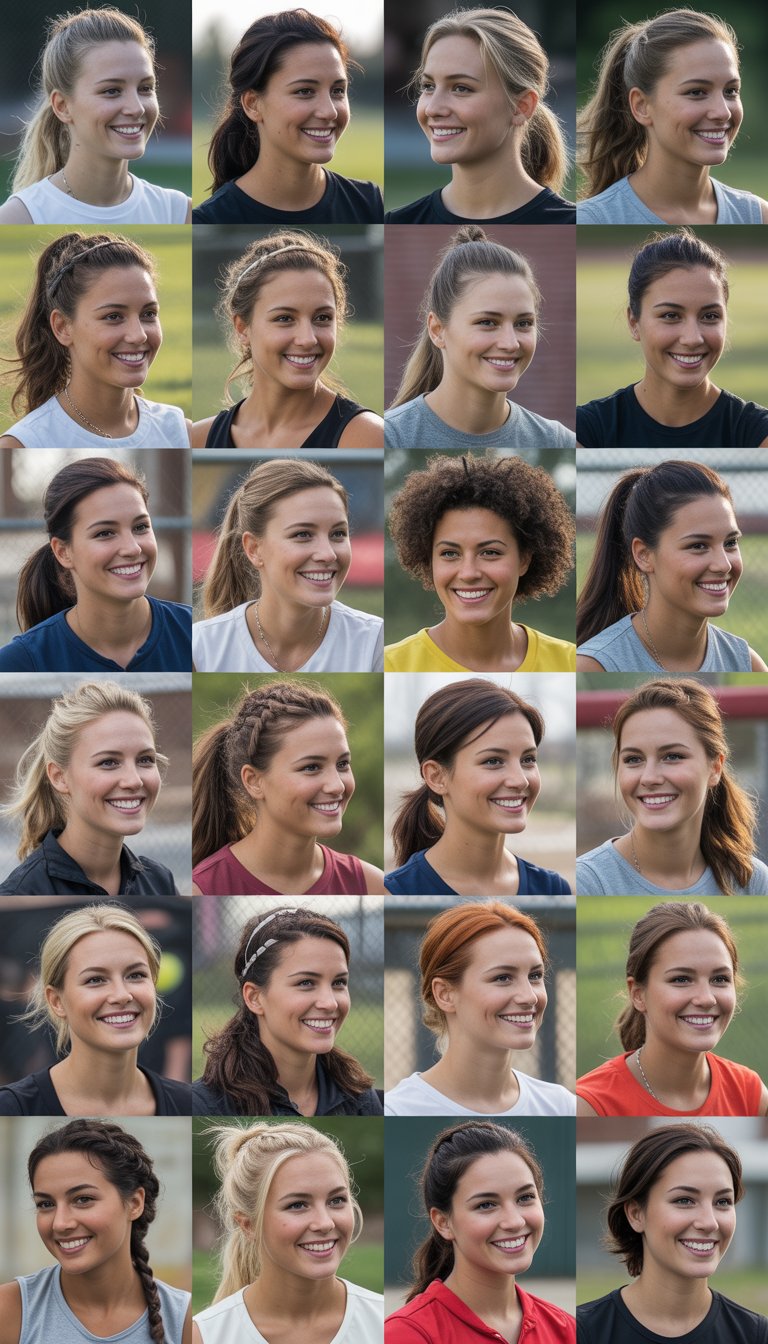 A group of women outdoors and indoors displaying various sporty softball hairstyles, smiling and interacting naturally in casual clothing.