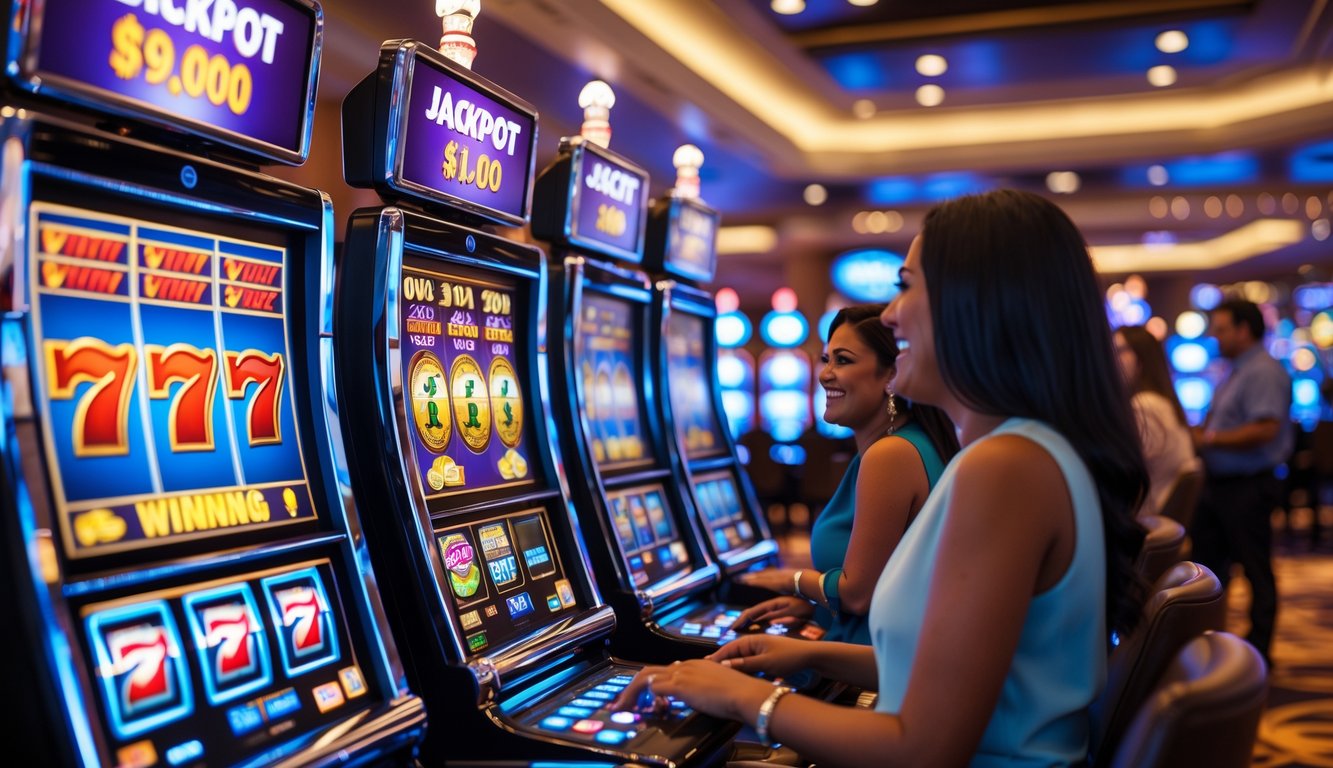 Suasana kasino dengan mesin slot modern yang menyala dan beberapa orang sedang bermain dengan ekspresi senang.