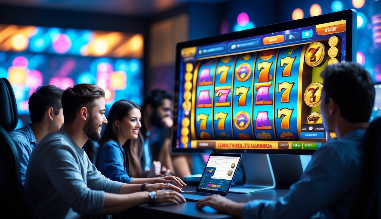 Orang-orang sedang bermain turnamen slot online dengan komputer dan perangkat digital di ruang kerja modern.