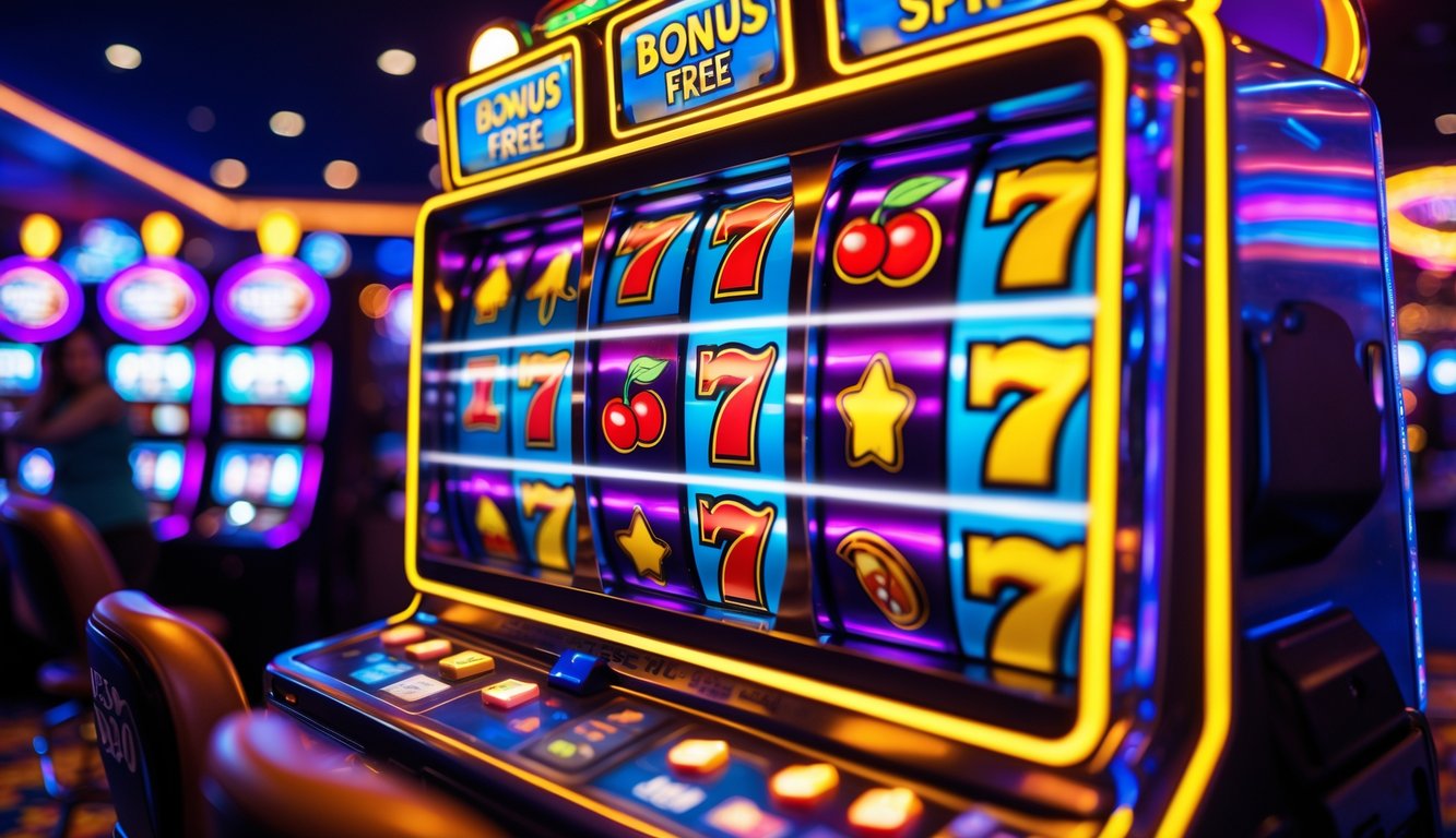 Mesin slot kasino berwarna-warni dengan gulungan berputar dan lampu terang di lingkungan kasino yang ramai.