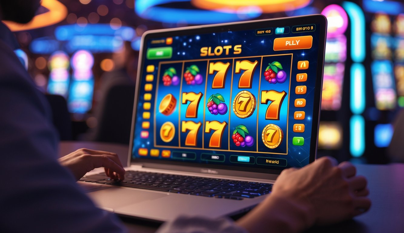 Seseorang sedang bermain permainan slot online terbaru di komputer dengan latar belakang suasana kasino yang terang dan modern.