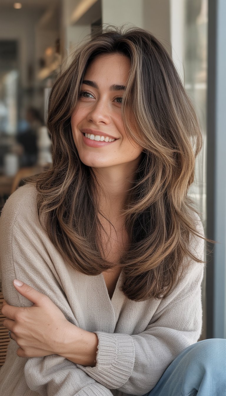 A woman with a long shag haircut wearing casual clothes, smiling naturally in a relaxed indoor setting.