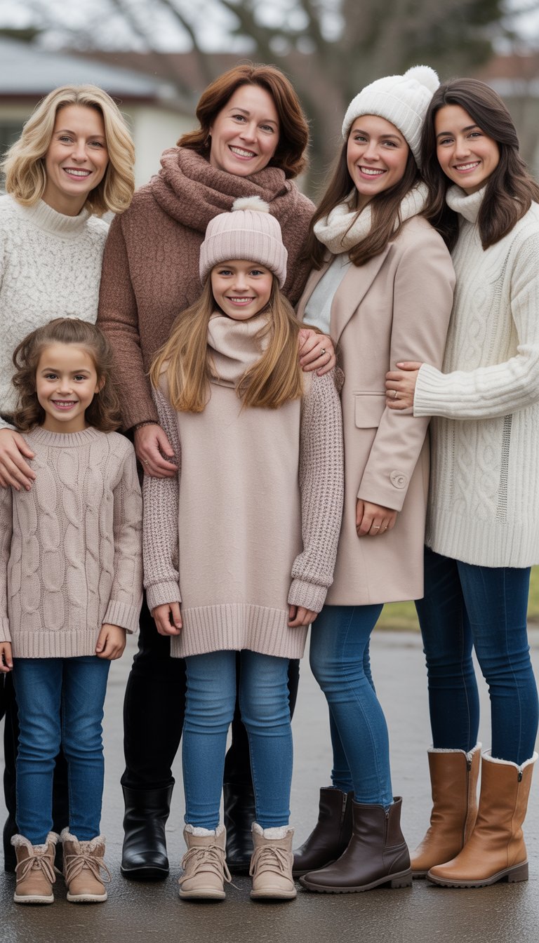 A family standing together outdoors in winter clothing, posing for a full-body photo in a natural setting.