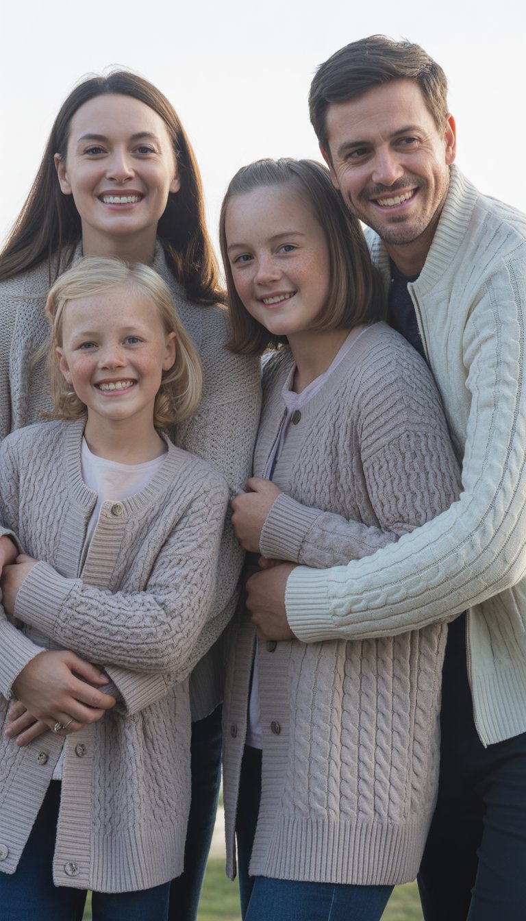 A family standing together outdoors in winter clothing, smiling and posing for a photo in a natural setting.