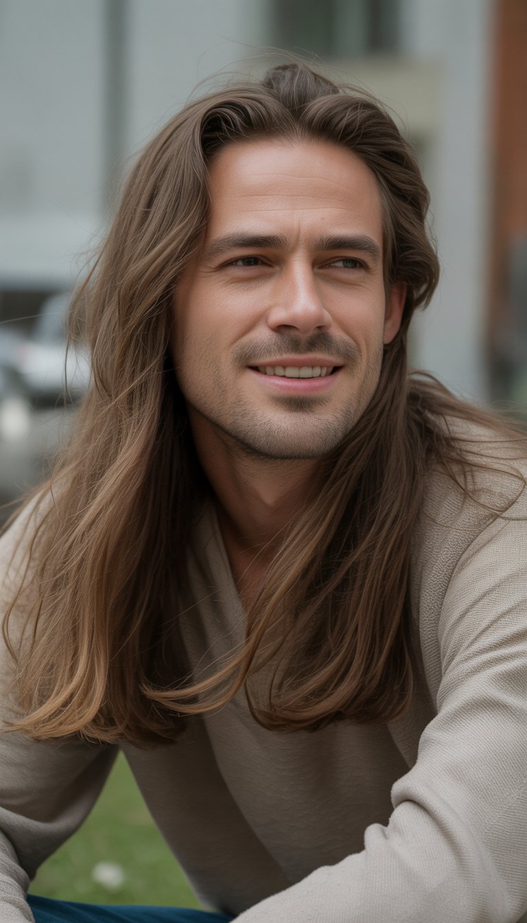 A man with long hair standing outdoors in casual clothing, looking relaxed and natural.