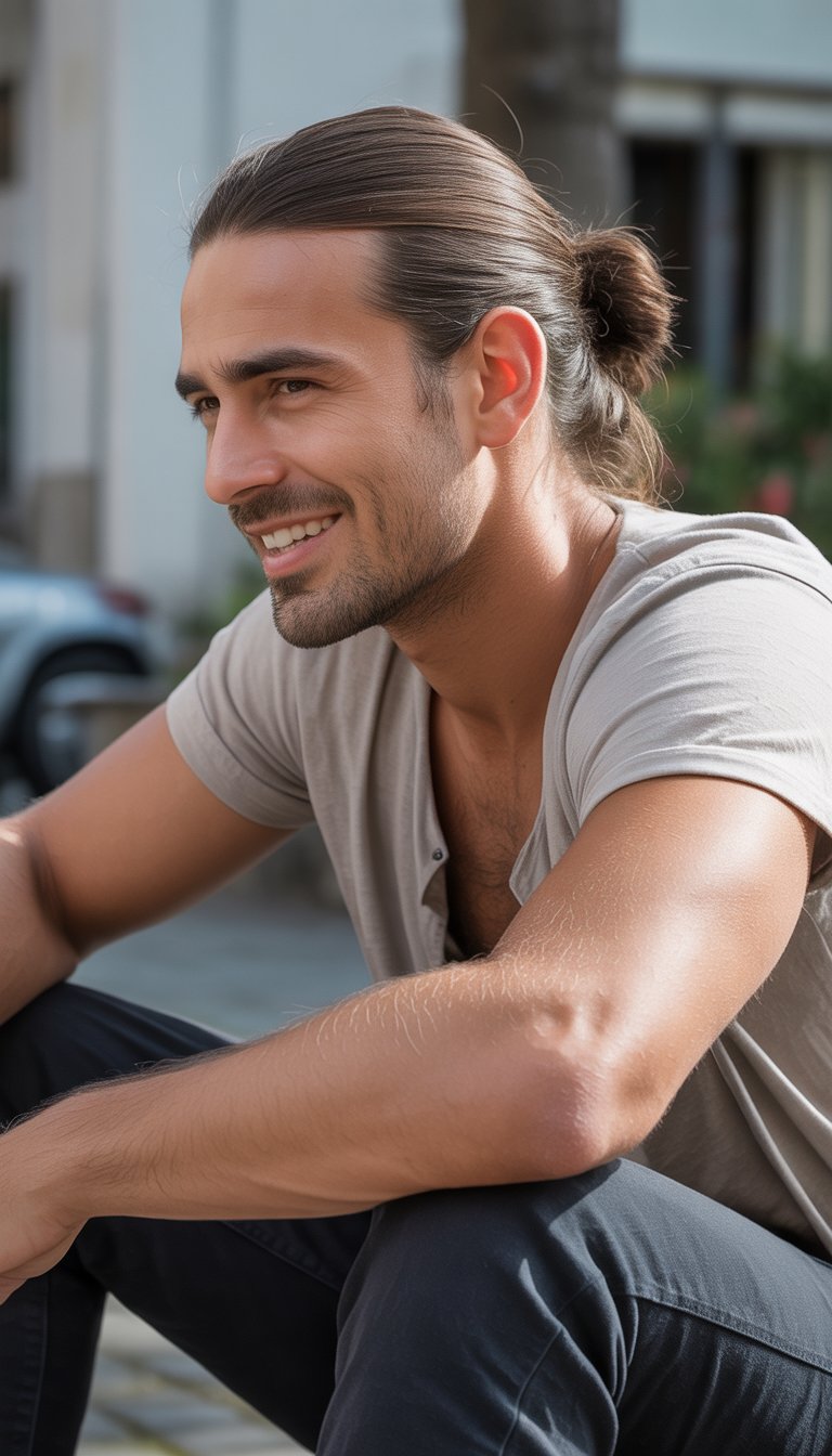 A man with long hair tied in a sleek bun, wearing casual clothes, in a relaxed outdoor or indoor setting.