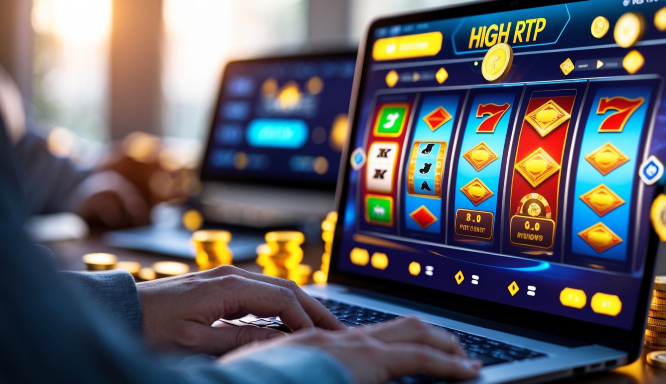 Seseorang menggunakan komputer dengan tampilan permainan kasino online yang menampilkan mesin slot dan kartu di layar.