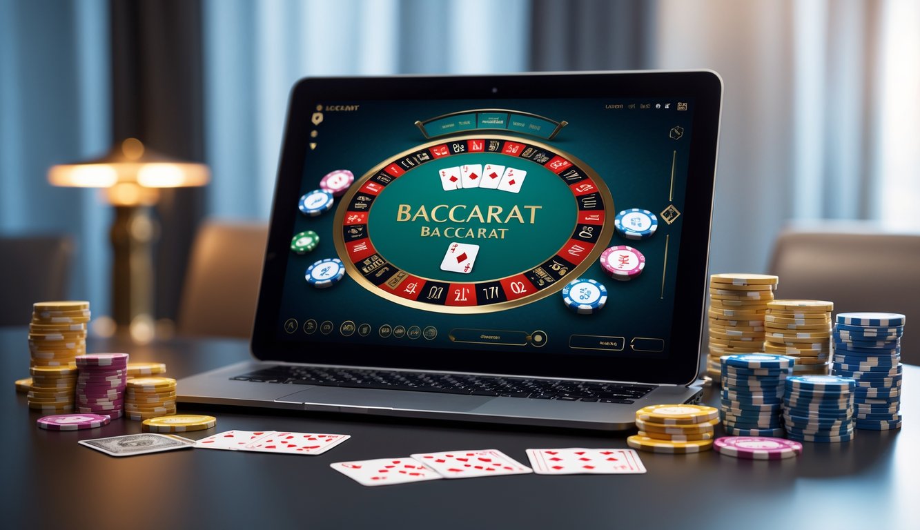 Sebuah laptop menampilkan permainan baccarat online dengan kartu dan chip di sekitarnya di atas meja yang rapi.