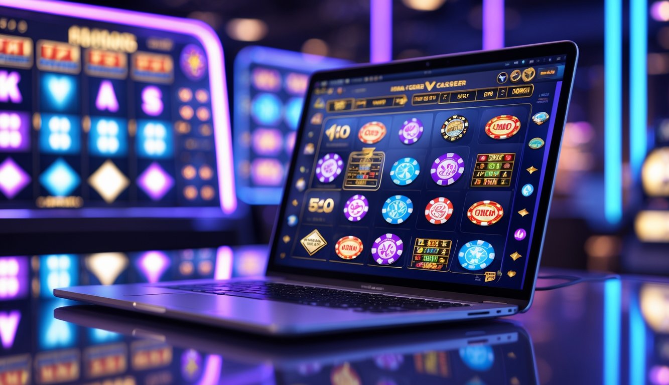 Suasana kasino online dengan laptop dan ponsel yang menampilkan permainan kasino yang aktif sepanjang hari.