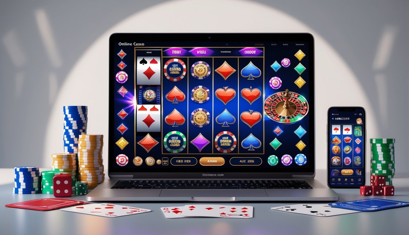 Laptop dengan tampilan permainan kasino online dikelilingi chip poker, kartu remi, dan dadu di atas meja.