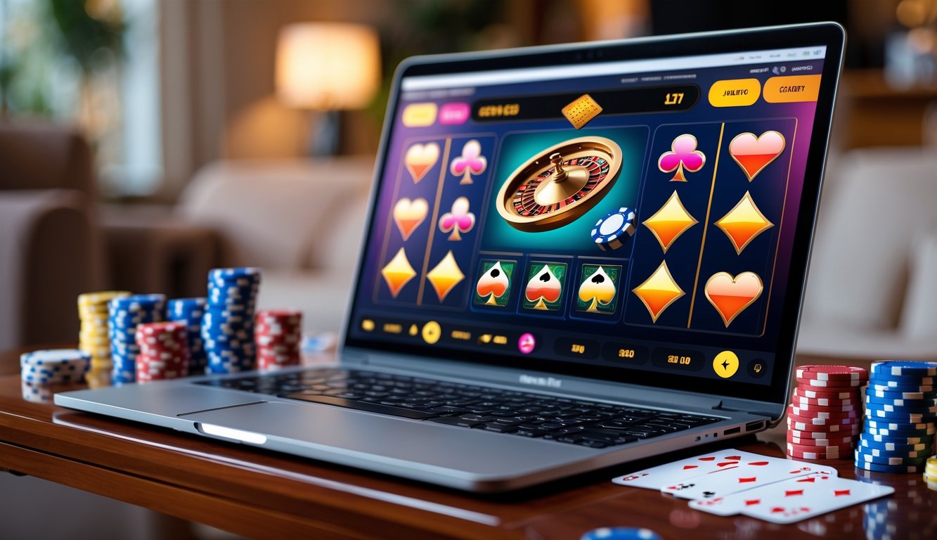 Sebuah laptop dengan tampilan permainan kasino online dikelilingi chip poker, kartu remi, dan dadu di atas meja kayu.