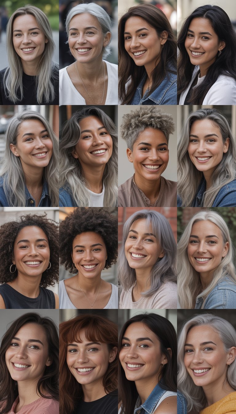 A group of women with various silver-highlighted hairstyles in a casual outdoor or indoor setting, wearing everyday clothes and smiling naturally.