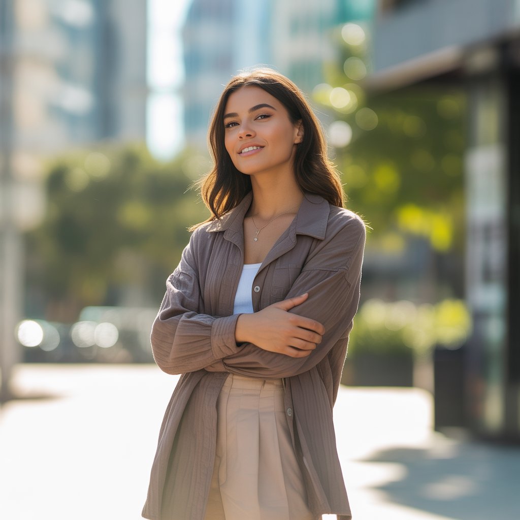 A confident young woman standing alone outdoors in a city setting, smiling softly with relaxed posture.