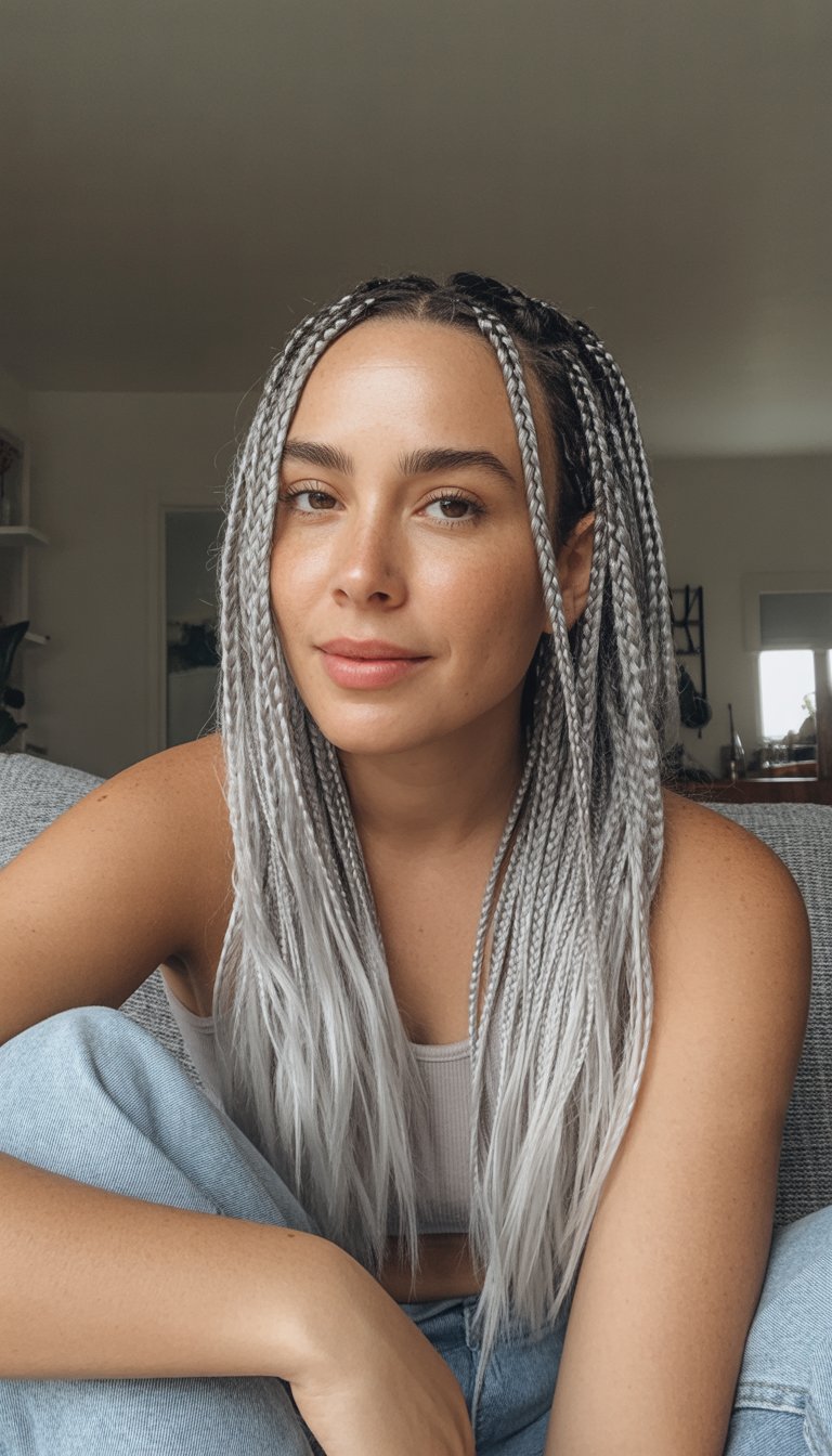 A woman with silver braided hair sitting casually in a simple indoor setting, smiling softly.