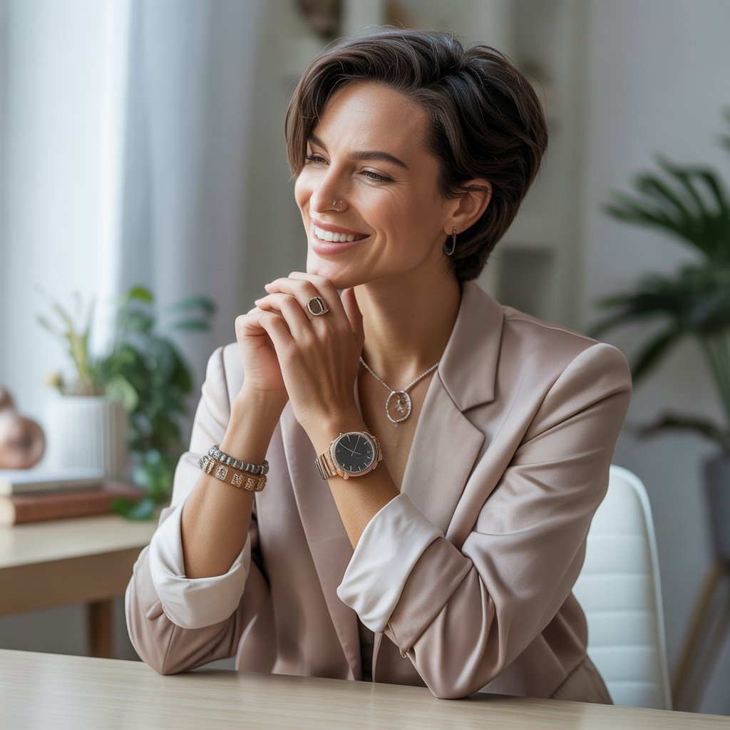 A person thoughtfully admiring their unique accessories in a bright indoor space.