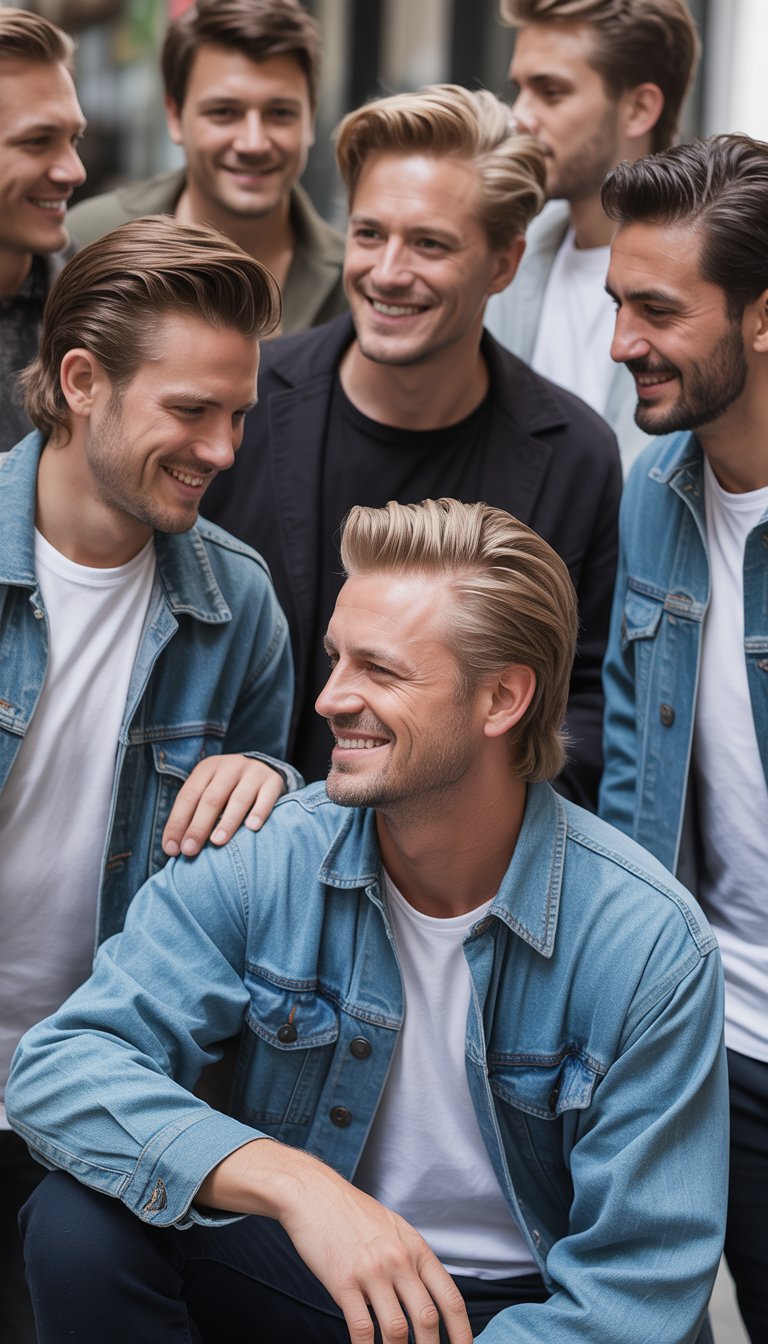 A group of men with classic subtle mullet hairstyles in casual clothing, standing and sitting in everyday outdoor and indoor settings.