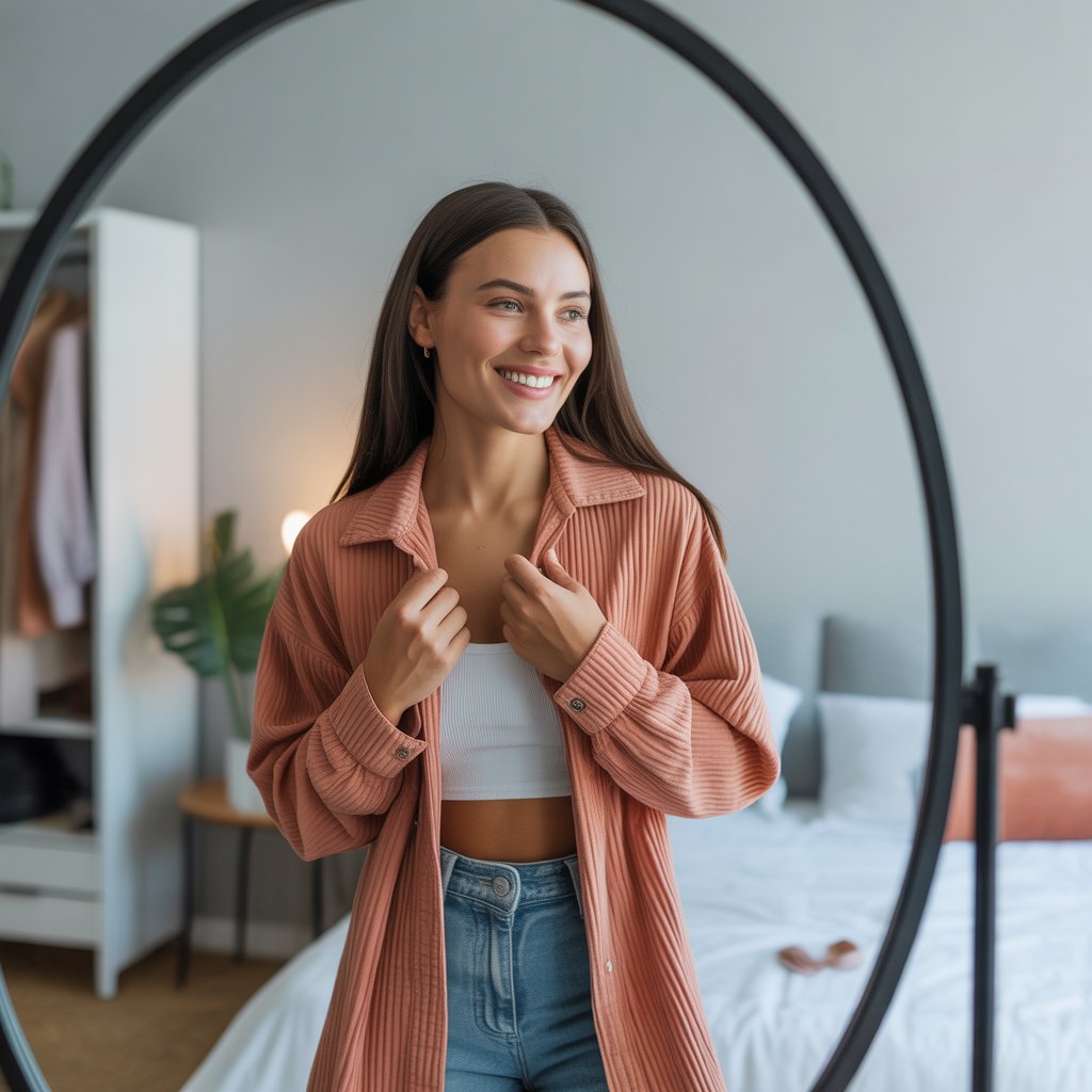 A young woman smiling at herself in a mirror while adjusting her outfit in a bright bedroom.