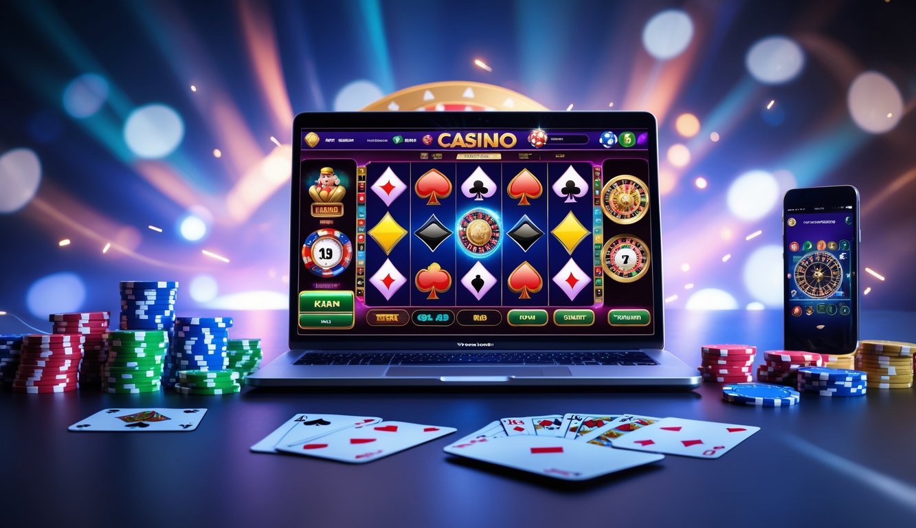 Sebuah setup permainan kasino online terbaru dengan komputer yang menampilkan antarmuka permainan kasino, dikelilingi oleh chip poker dan kartu remi.