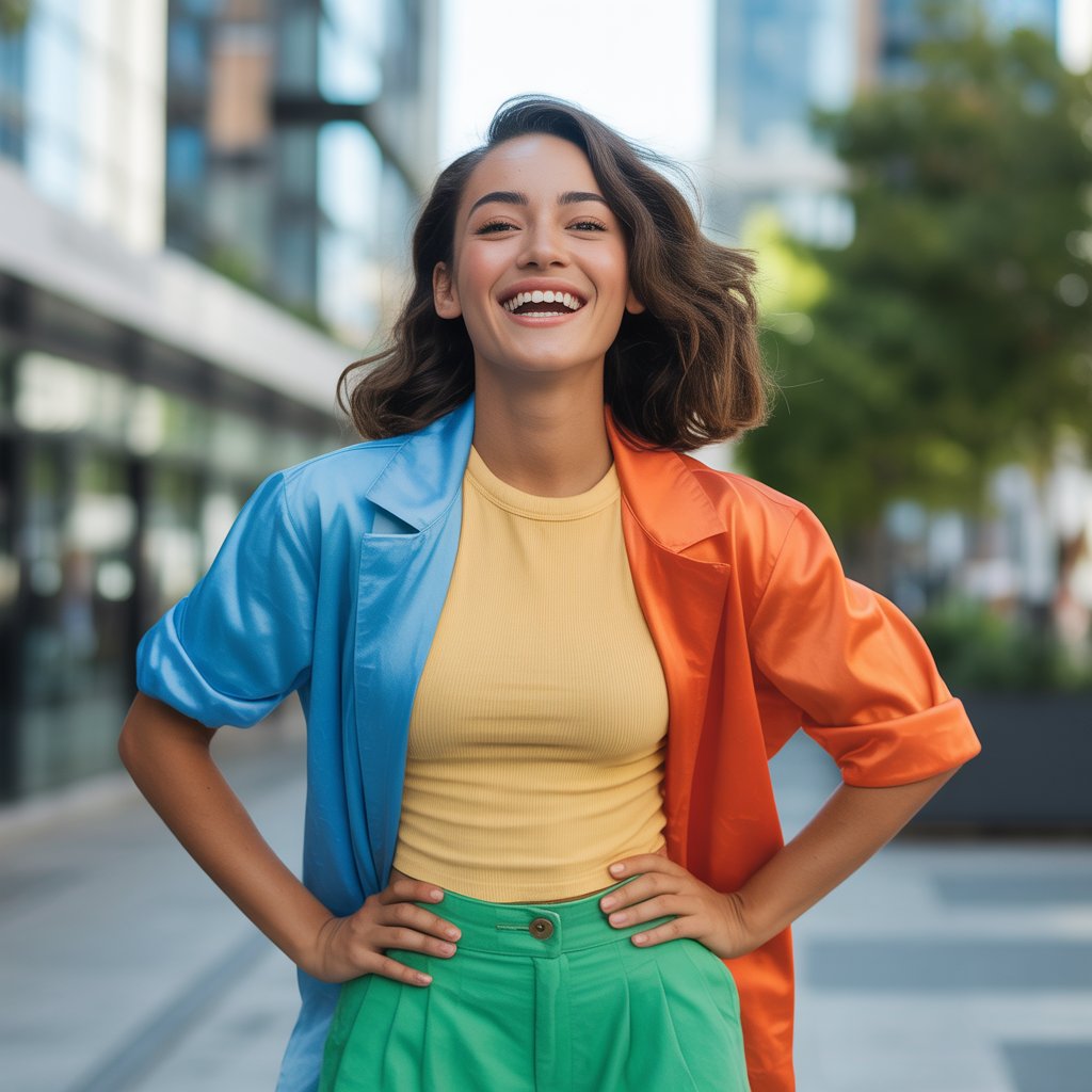 A smiling young woman wearing colorful clothes standing confidently outdoors in a city setting.