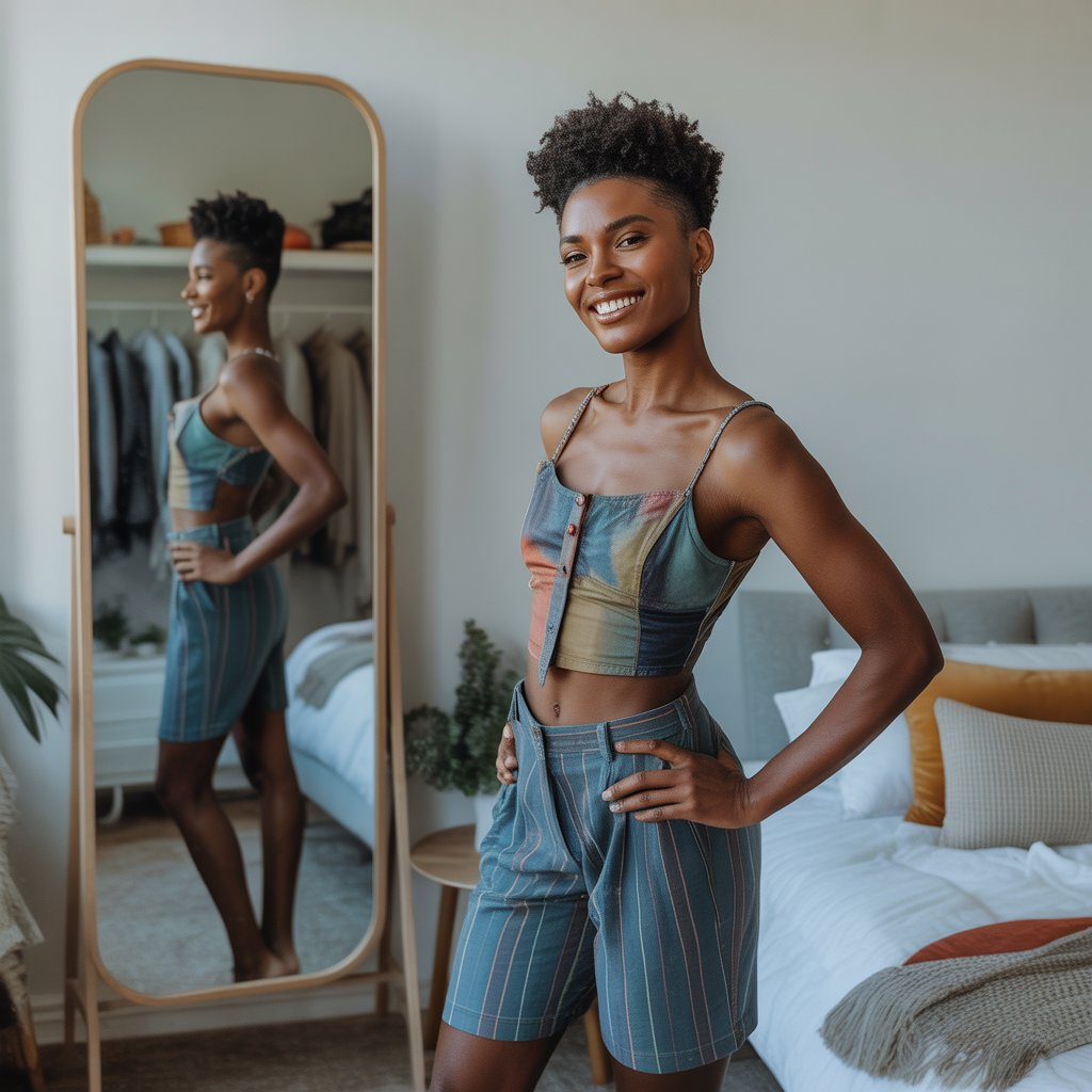 A person looking confidently at themselves in a full-length mirror in a bright bedroom, wearing a unique and stylish outfit.