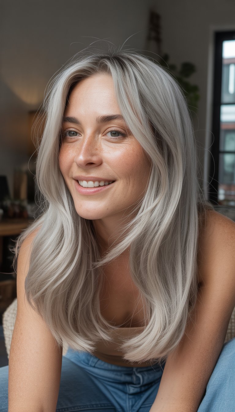 A woman with silver highlights in her hair smiling naturally in a casual indoor setting.