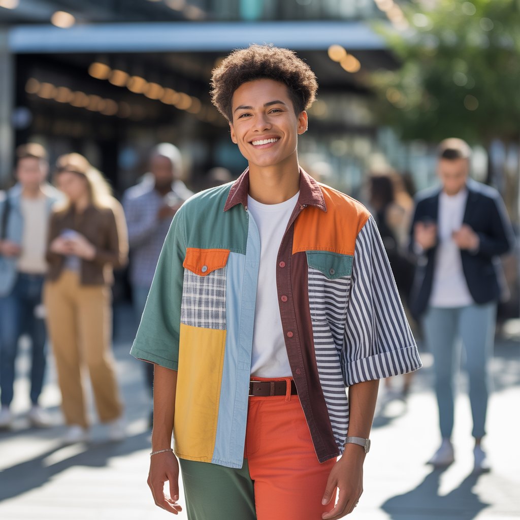 A confident young adult wearing a colorful, eclectic outfit stands outdoors in an urban area, smiling and looking self-assured.