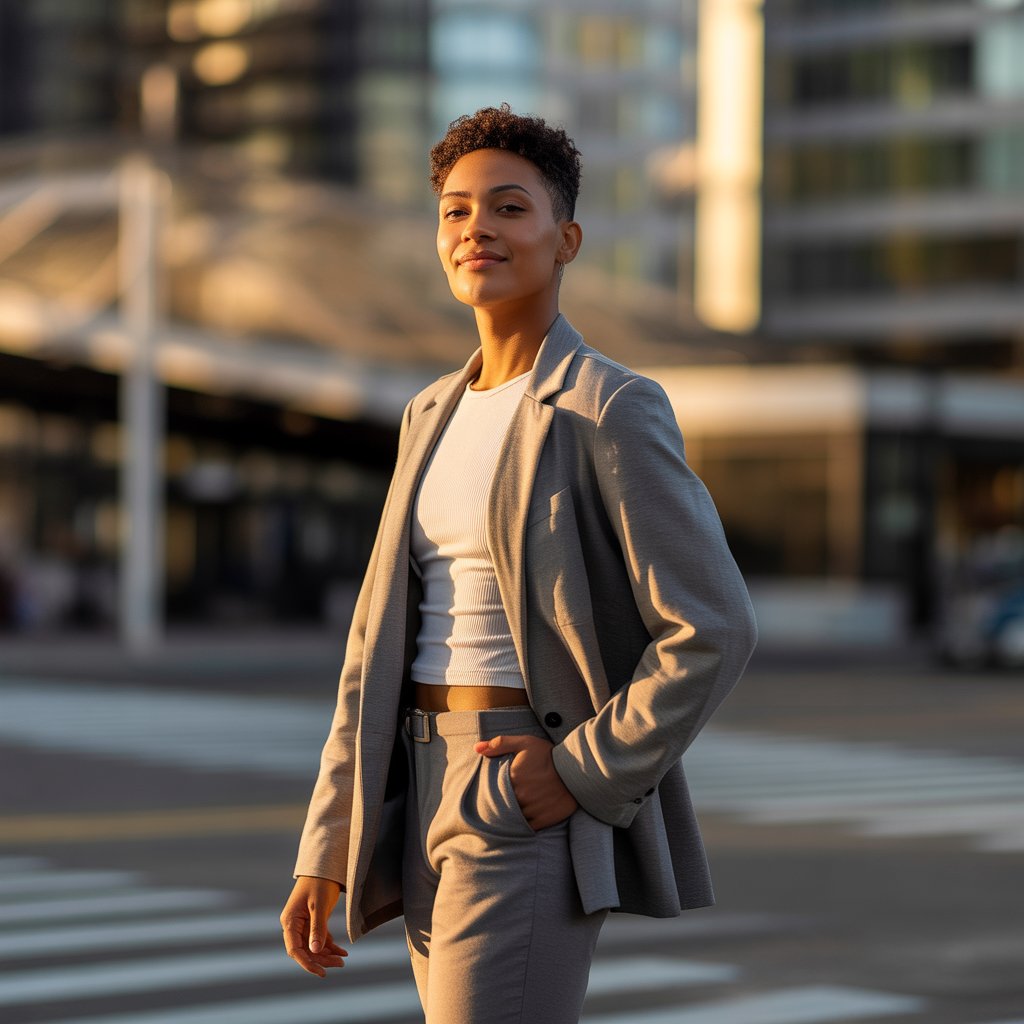 A confident person standing outdoors in a city wearing a stylish outfit, smiling slightly with relaxed posture.