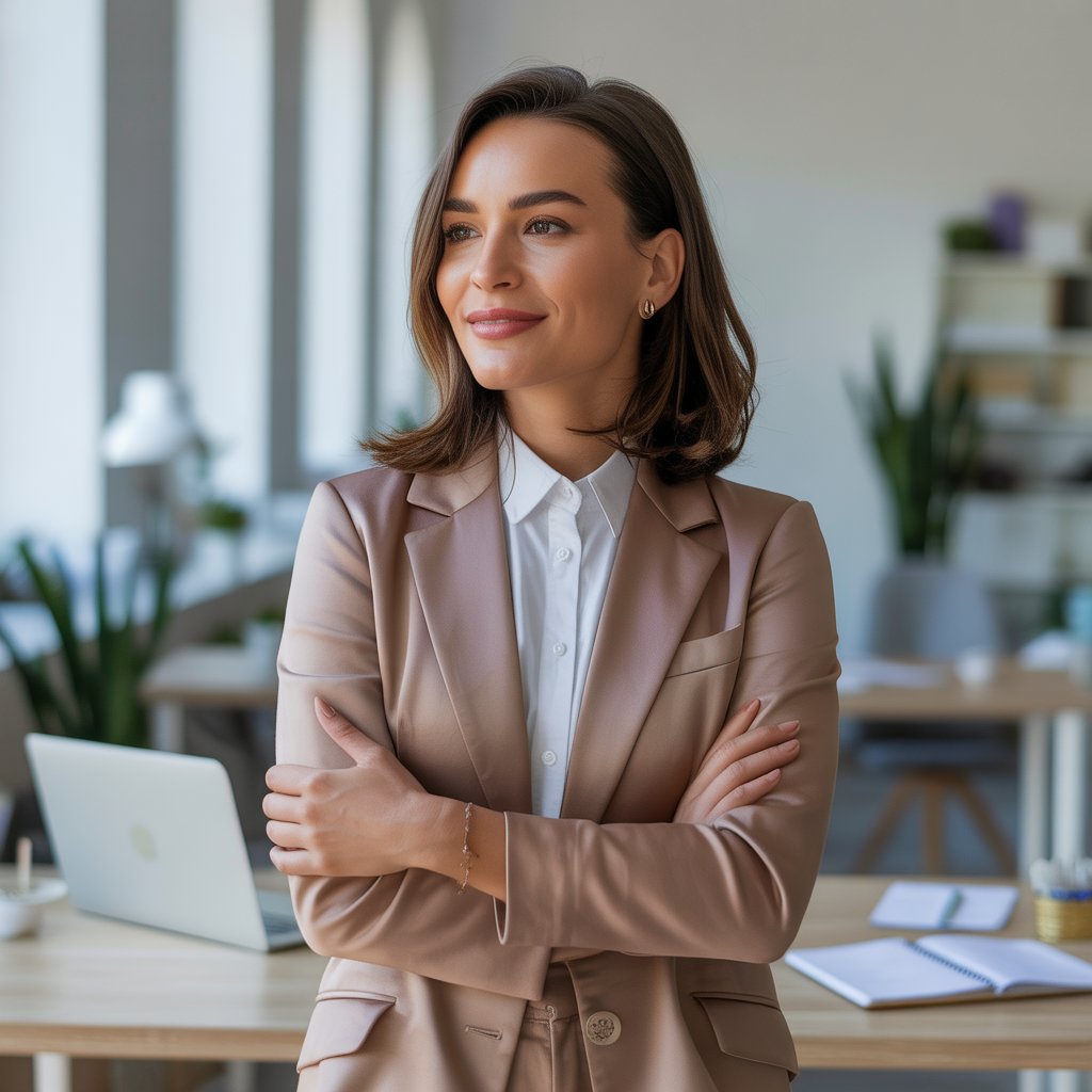 A confident woman standing in a modern office, wearing a stylish outfit and smiling calmly.