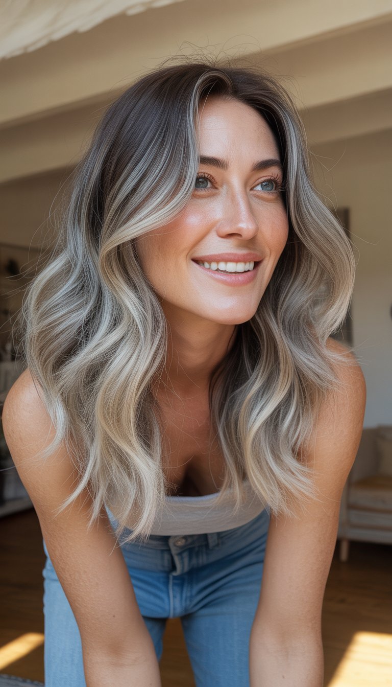A woman with wavy silver hair sitting in a casual setting, smiling naturally.