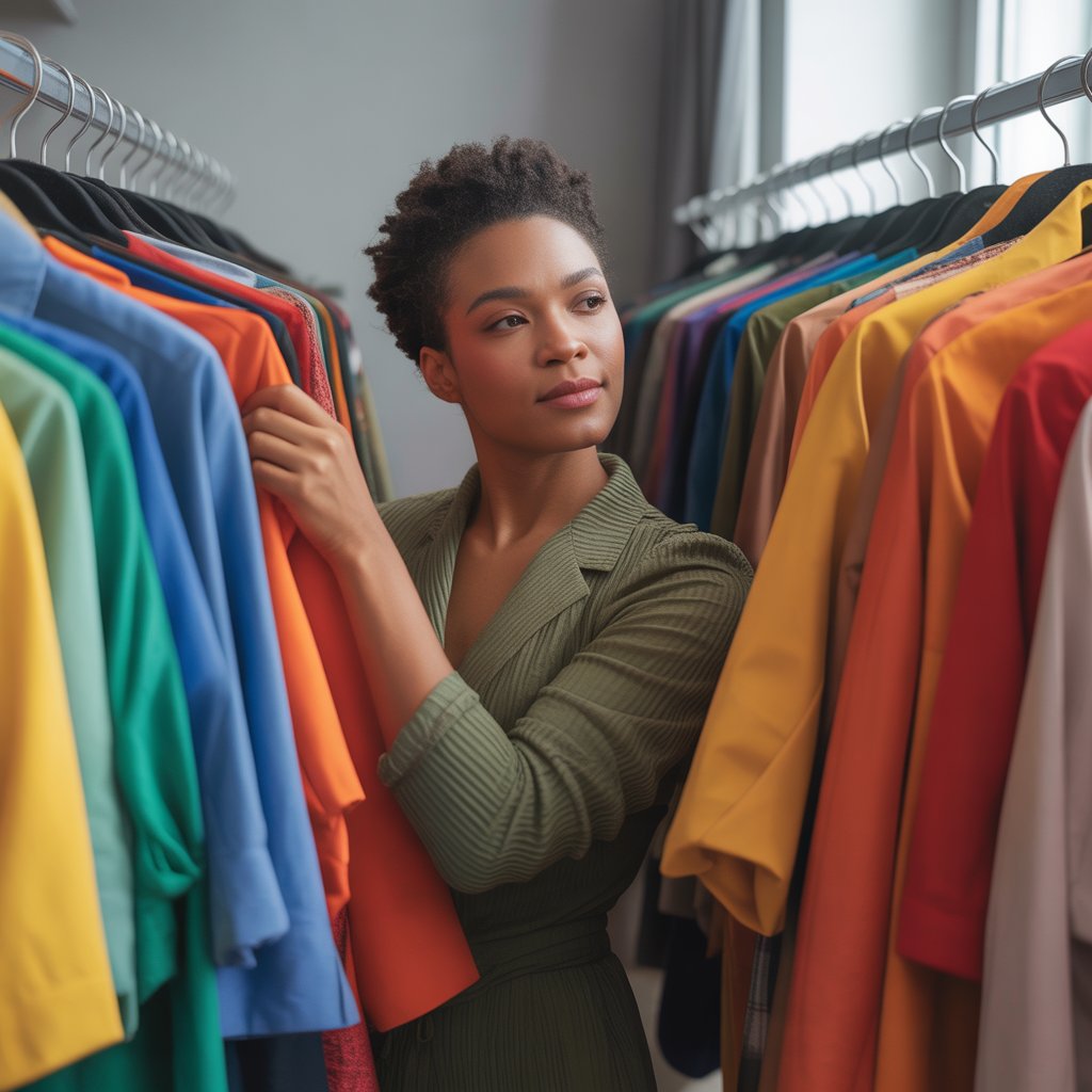 Person selecting colorful clothes from a wardrobe in a bright room, looking confident and thoughtful.