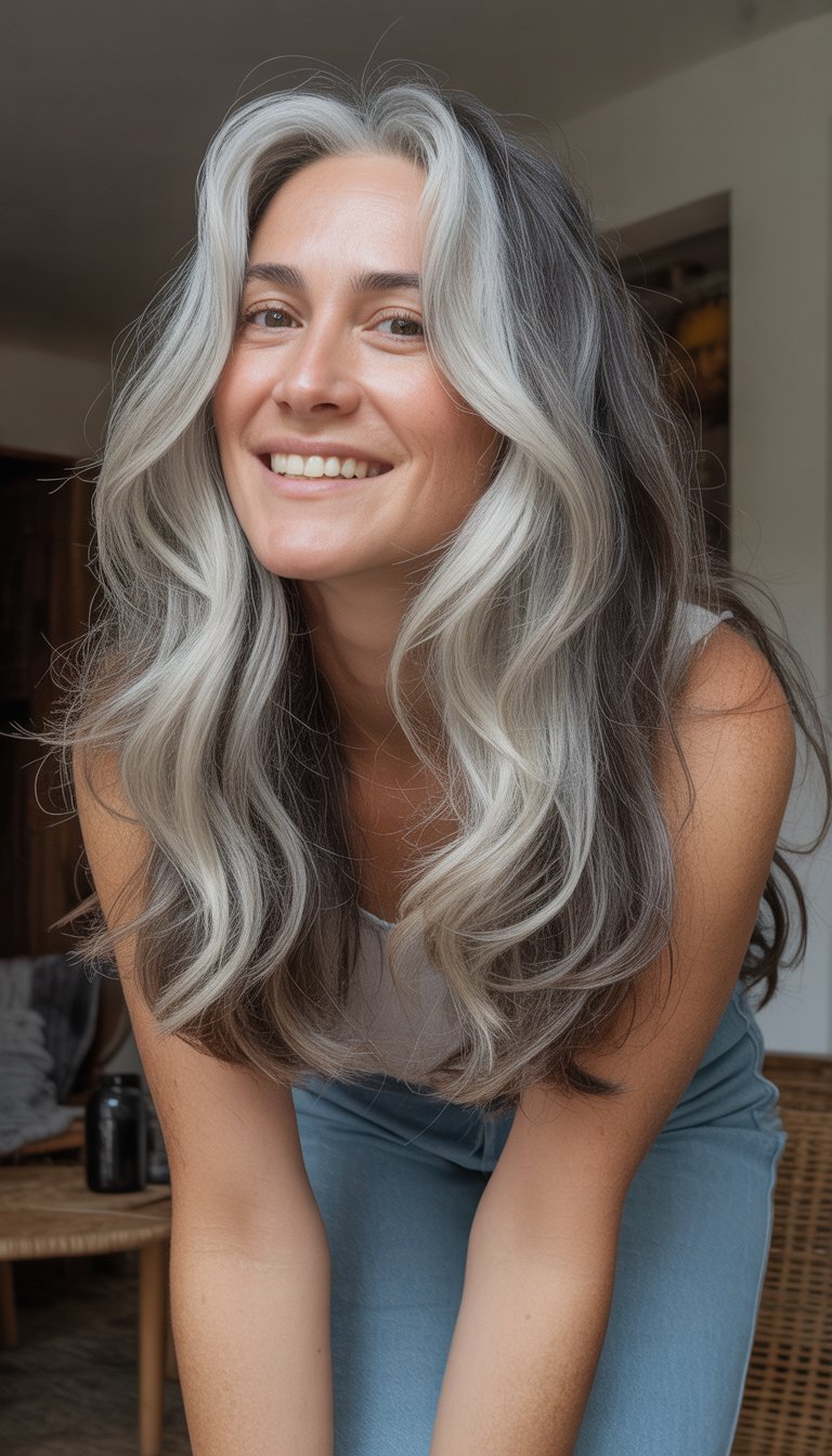 A woman with chunky silver highlights in her hair, wearing casual clothes and smiling naturally in a simple indoor setting.