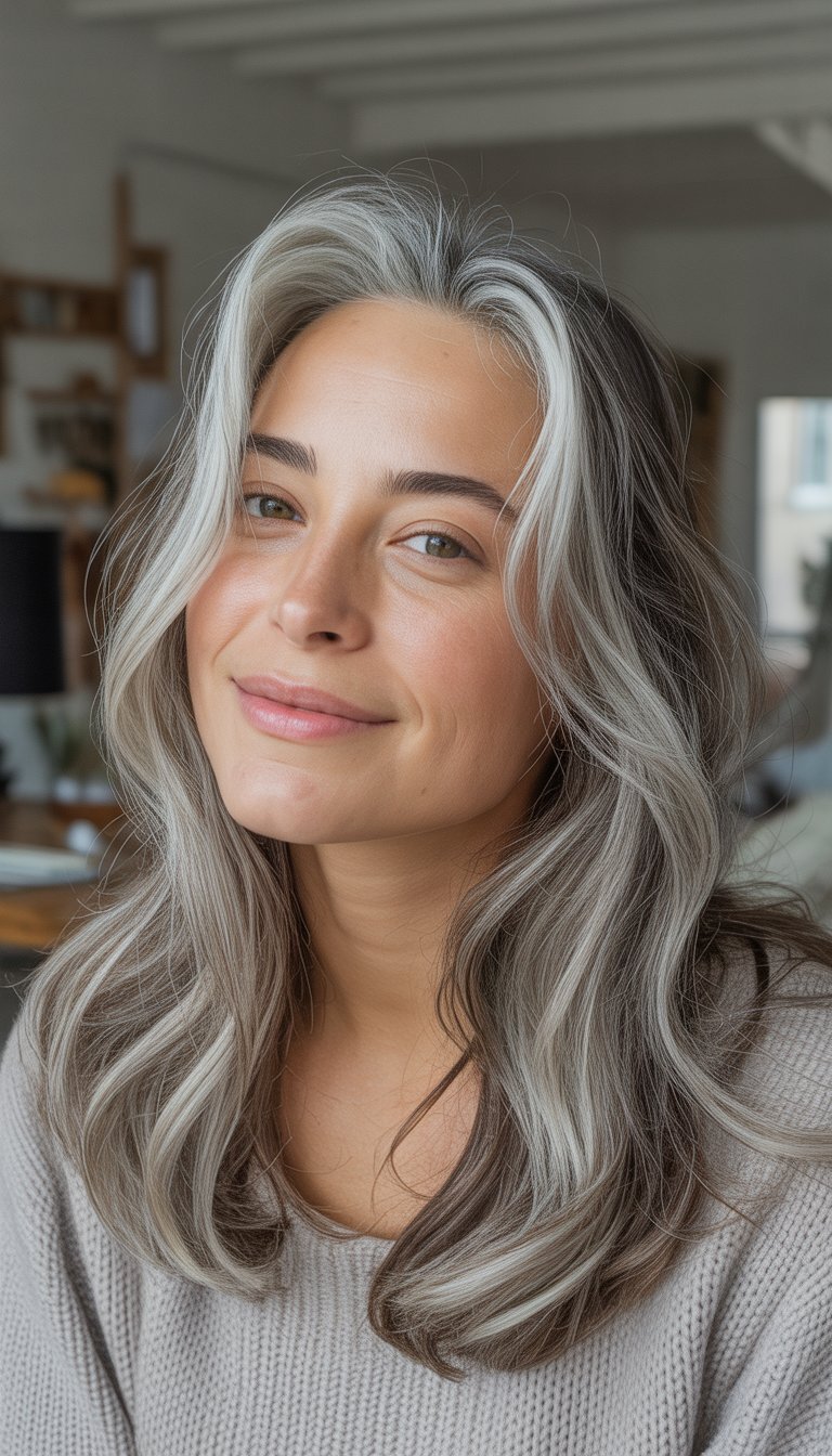 A woman with silver highlights in her hair smiles naturally in a casual indoor setting.