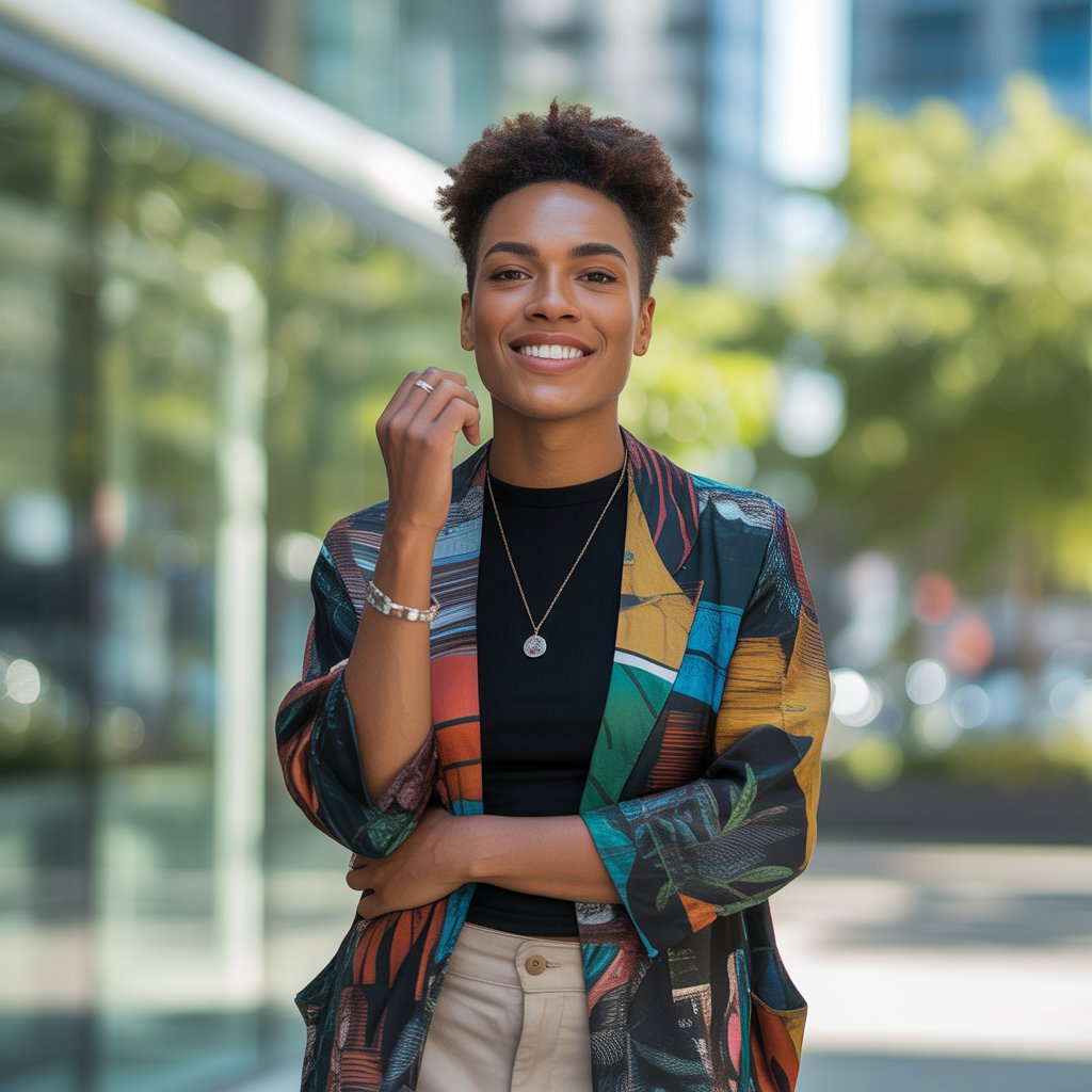 A confident young adult standing outdoors in a city, wearing a unique and colorful outfit that reflects their personality.