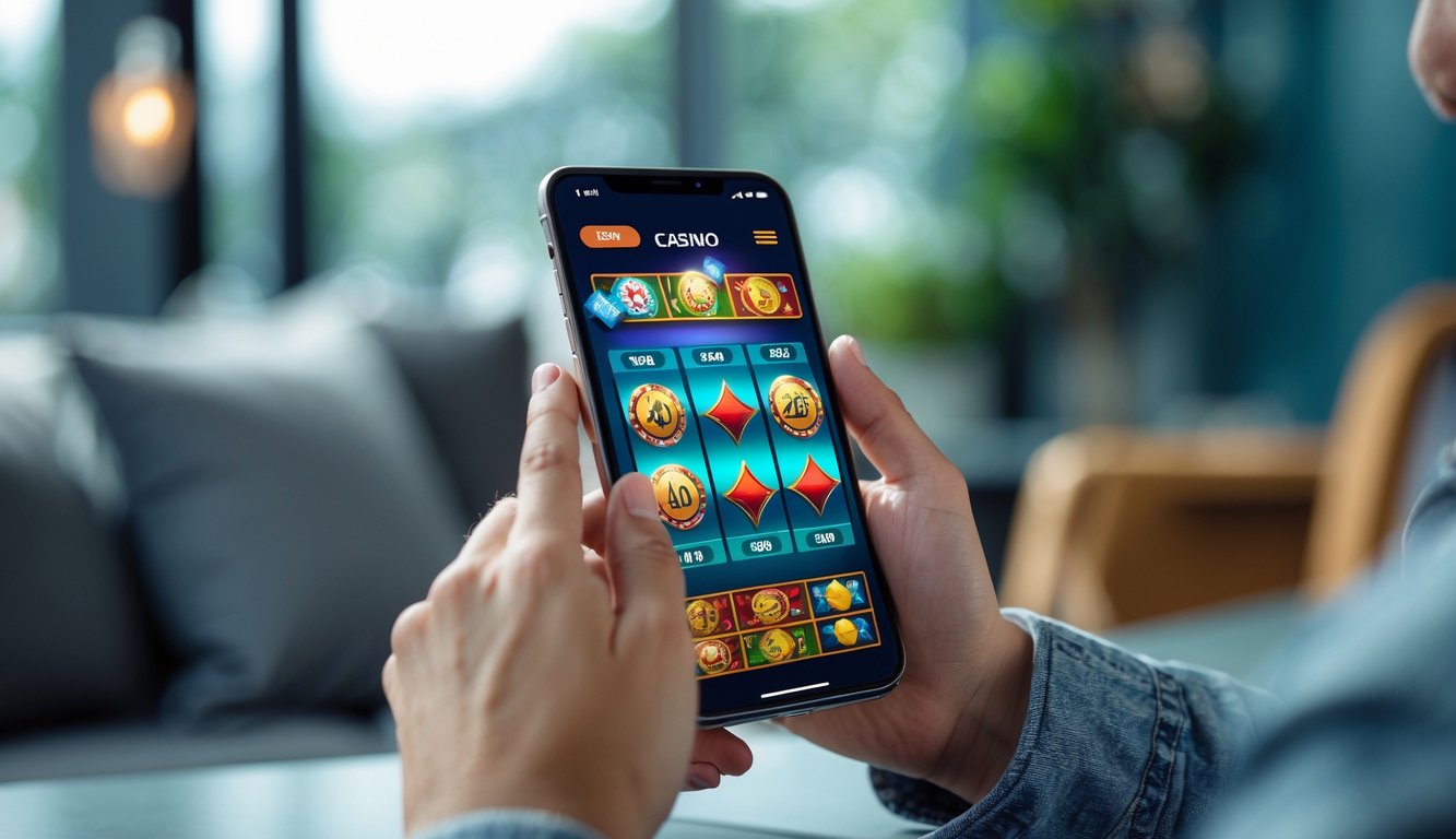 Seseorang menggunakan ponsel pintar untuk bermain permainan kasino online di dalam ruangan yang terang.