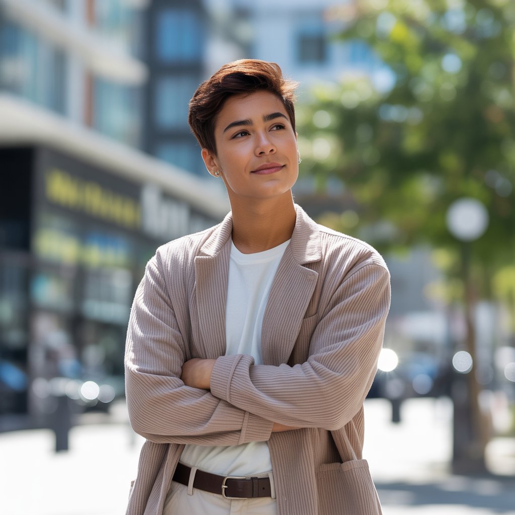 A confident young adult standing outdoors in a city environment, wearing a well-fitted stylish outfit and looking thoughtfully to the side.
