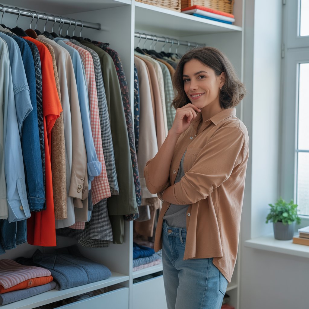 A person standing in front of an open wardrobe, choosing clothes with a thoughtful expression.