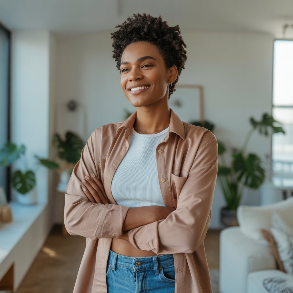 A person standing confidently in a bright room wearing comfortable yet stylish clothes, smiling gently.