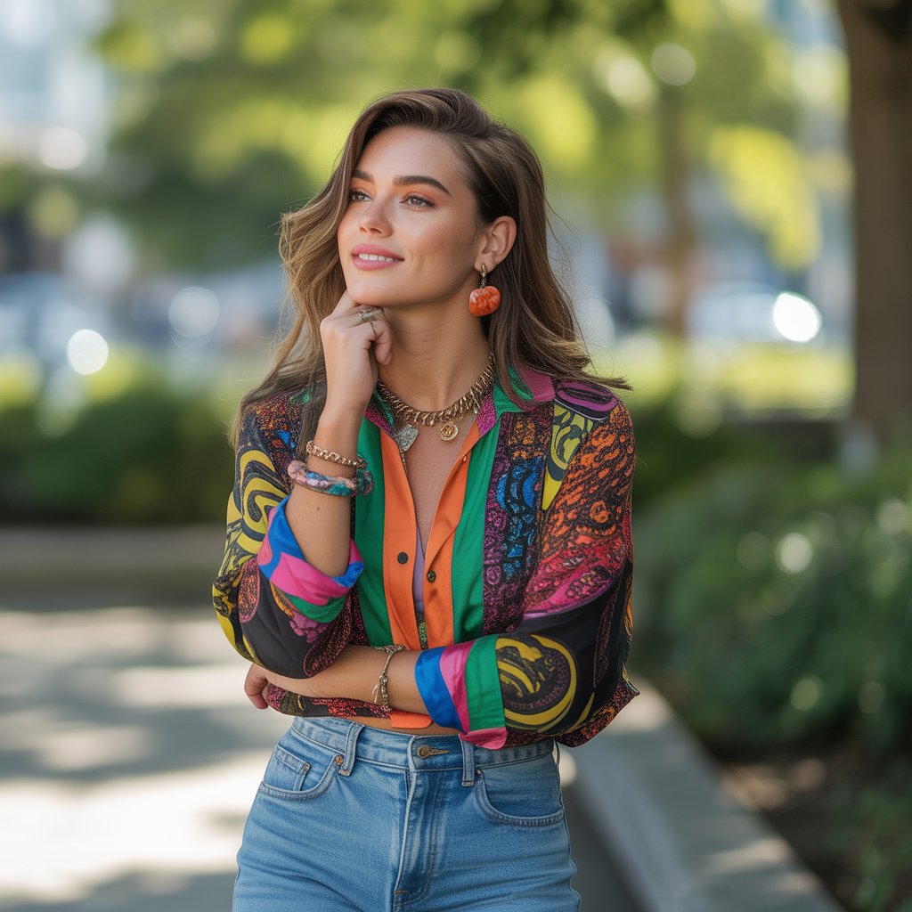 A confident young woman outdoors wearing a colorful, unique outfit, standing in a park with trees in the background.