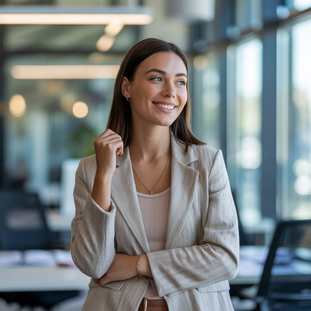 A confident young woman standing in an office, smiling softly and looking away, wearing a stylish outfit.
