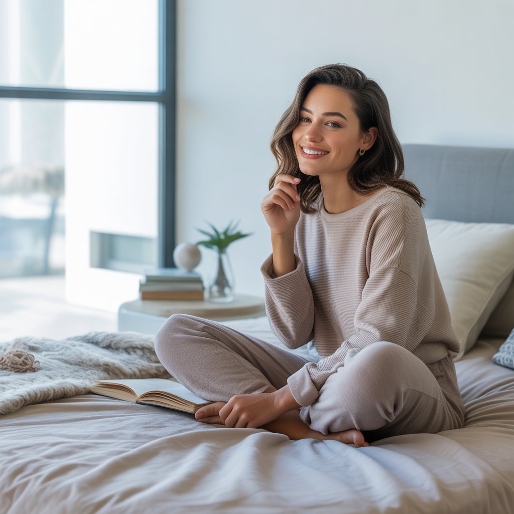 A young woman sitting comfortably on a bed in a bright room, smiling and relaxed.