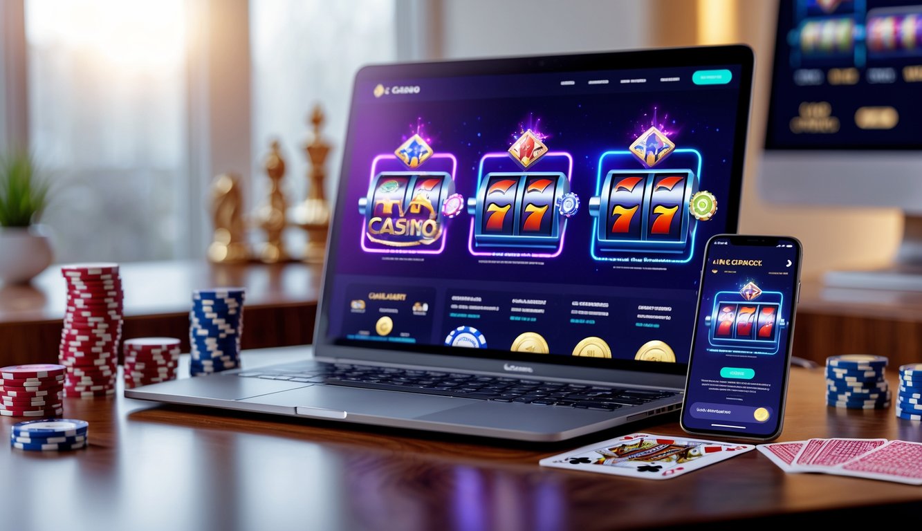 Sebuah meja kerja dengan komputer dan perangkat yang menampilkan permainan kasino online dan chip poker.
